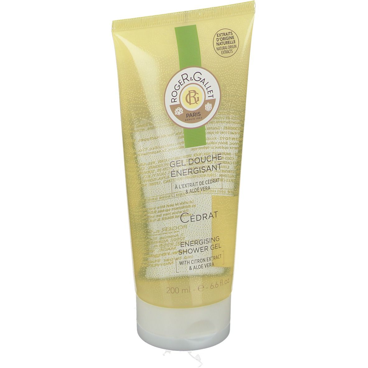 Tubo di gel doccia giallo trasparente. Testo: Roger & Gallet, Gel Douche Énergisant, Cédrat. 200 ml.