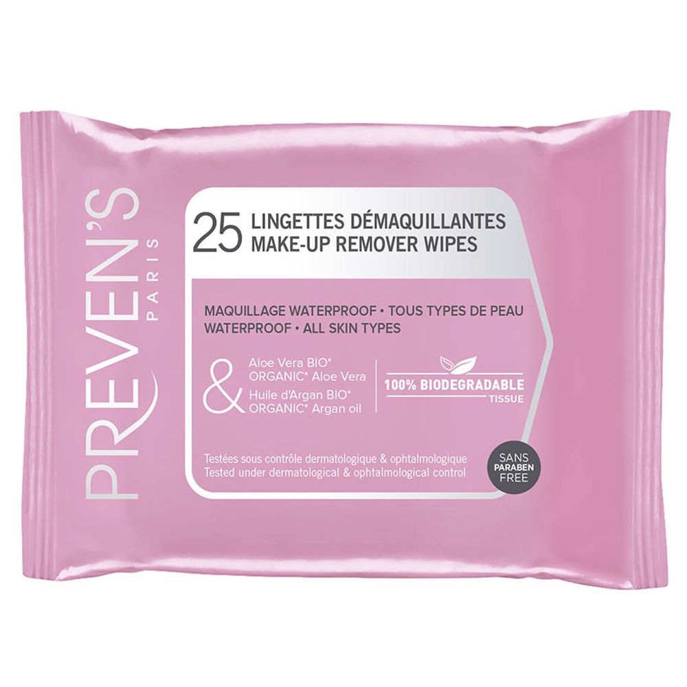Confezione rosa "PREVEN'S PARIS" con 25 salviette struccanti. Contiene Aloe Vera e olio di Argan. 100% biodegradabile.