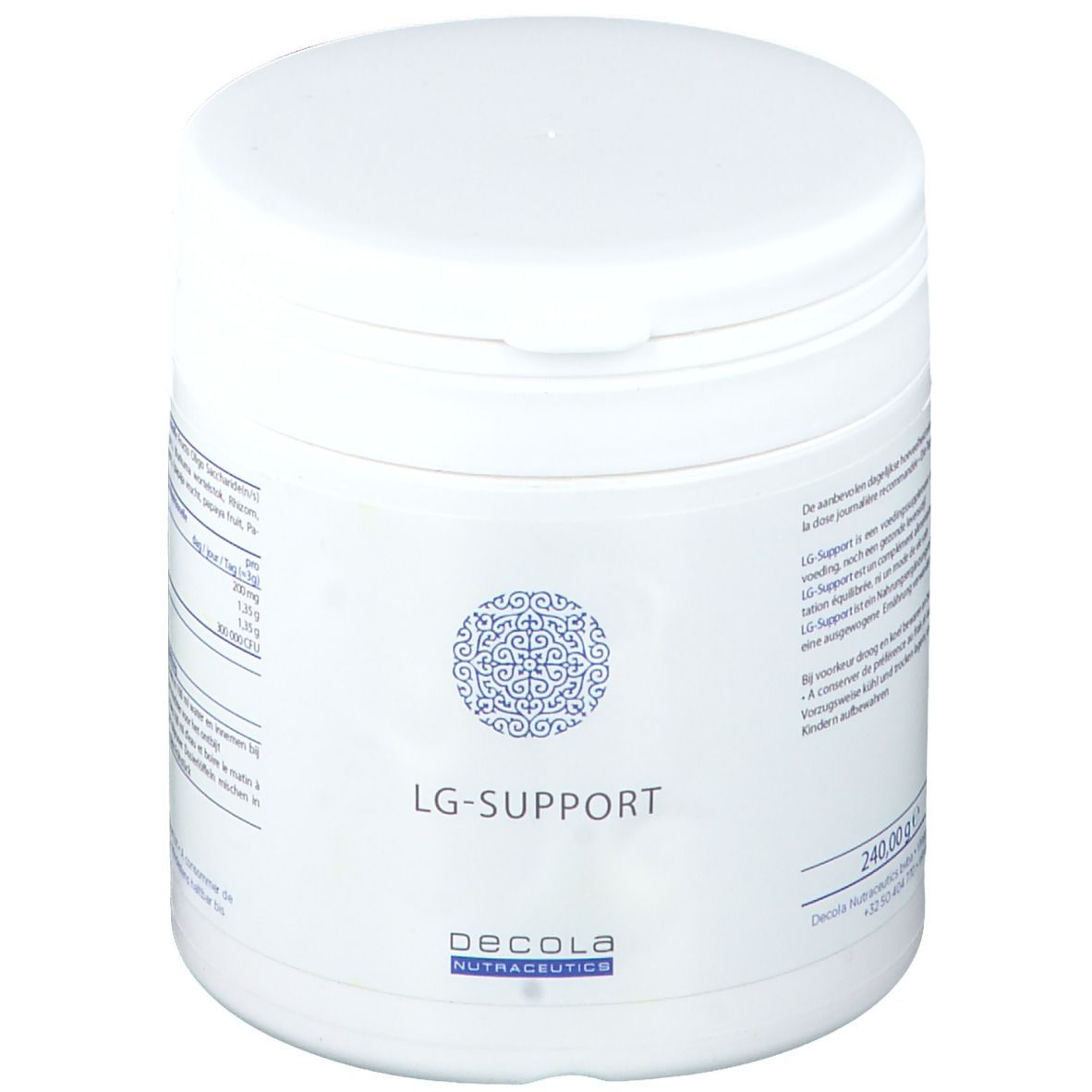 Prodotto cilindrico bianco. Scritta: LG-SUPPORT. Logo e marchio: Decola Nutraceutics. Barattolo con coperchio.
