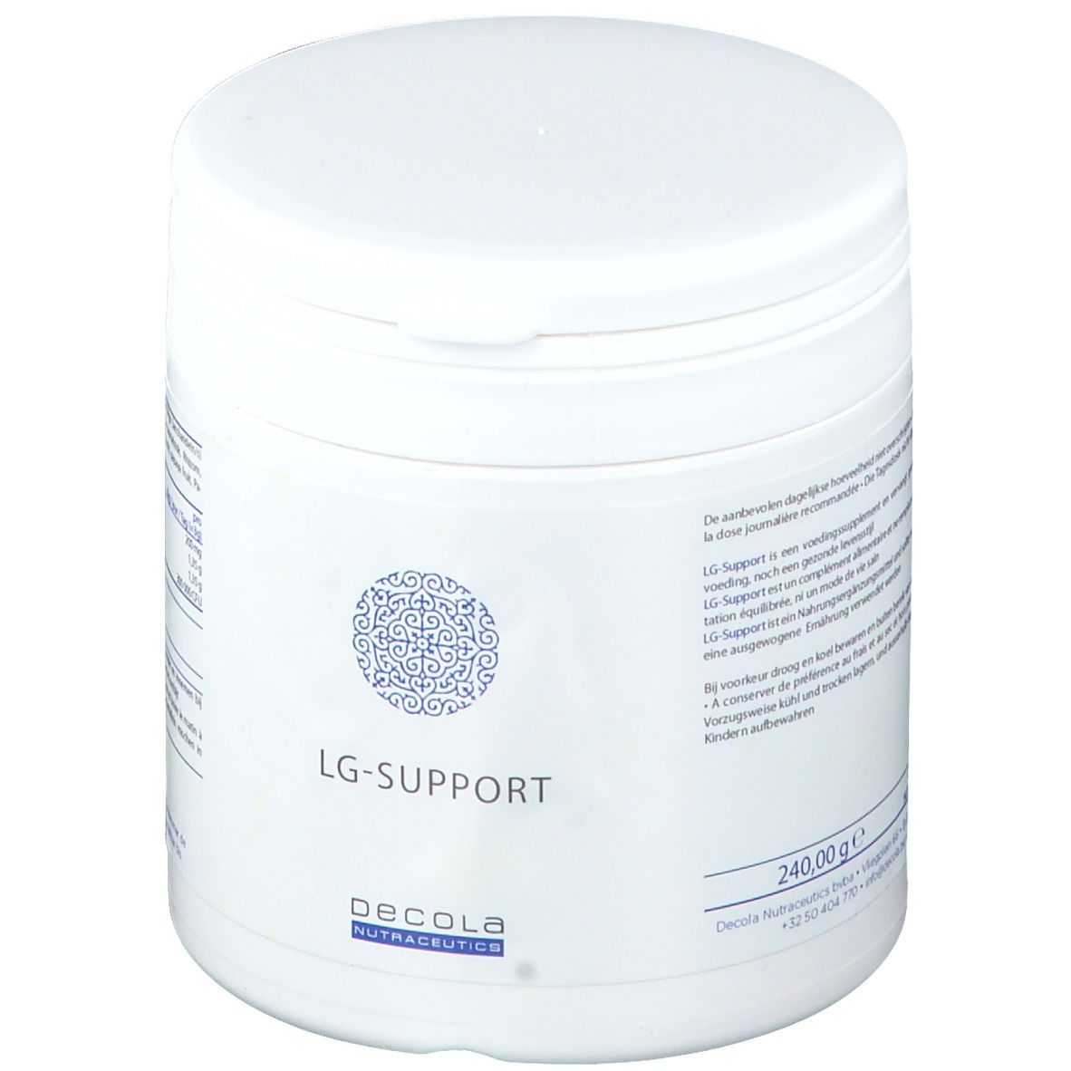 Prodotto cilindrico bianco. Scritta: LG-SUPPORT. Logo e marchio: Decola Nutraceutics. Barattolo con coperchio.