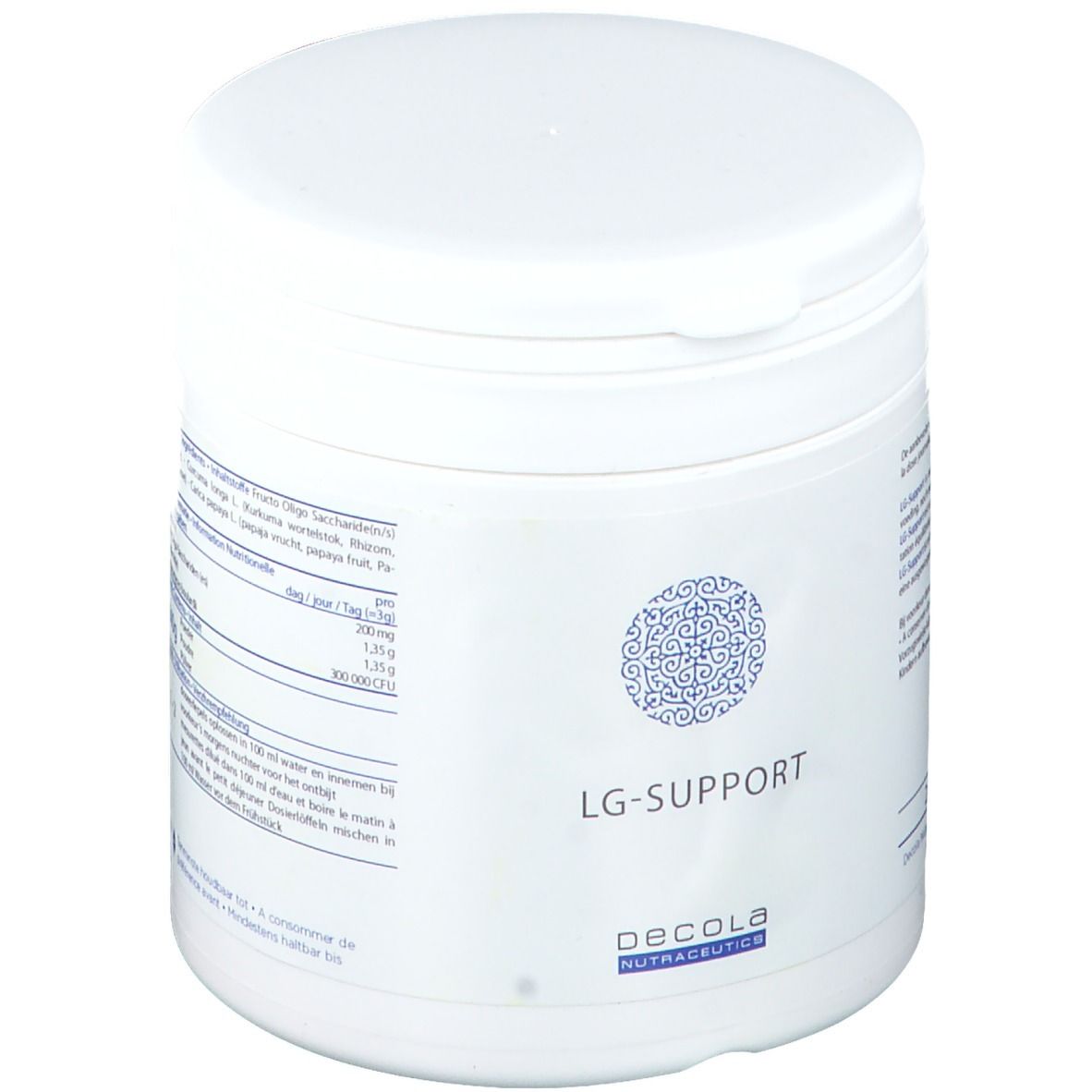 Prodotto cilindrico bianco. Scritta: LG-SUPPORT. Logo e marchio: Decola Nutraceutics. Barattolo con coperchio. Informazioni nutrizionali.