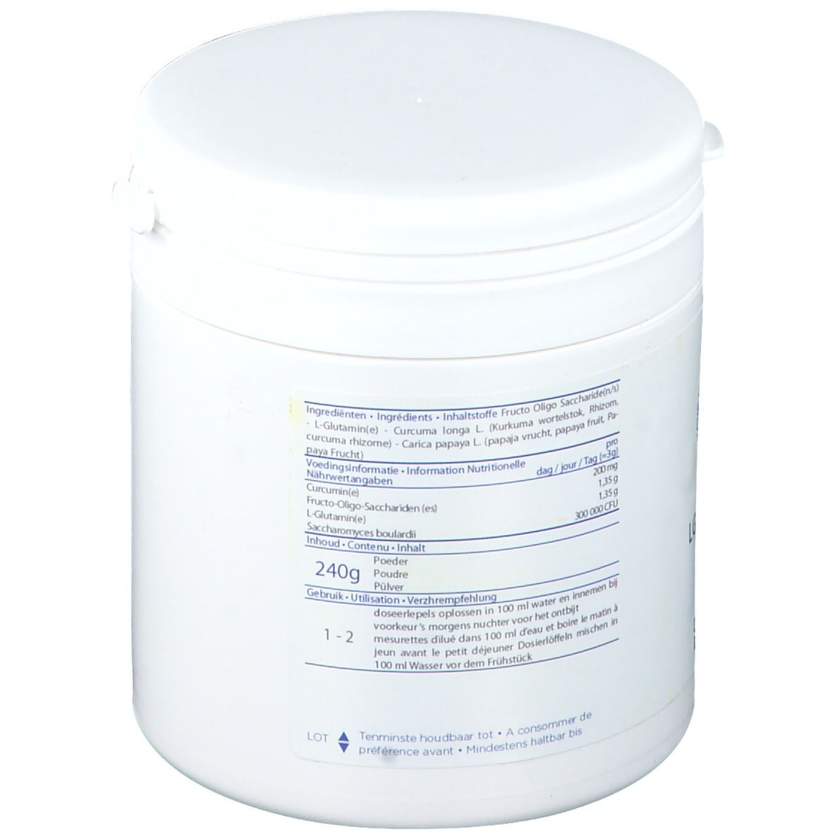 Prodotto cilindrico bianco. Scritta: LG-SUPPORT. Elenco ingredienti, dosaggio e contenuto. Barattolo con coperchio.
