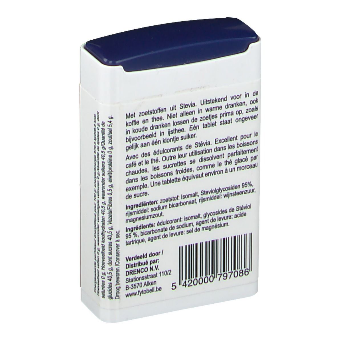 Retro di una scatola bianca con coperchio blu. Informazioni testuali e codice a barre.