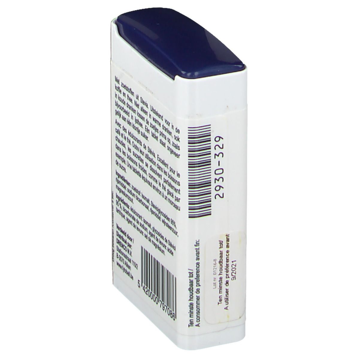 Vista laterale di una scatola bianca con coperchio blu. Testo e codice a barre.