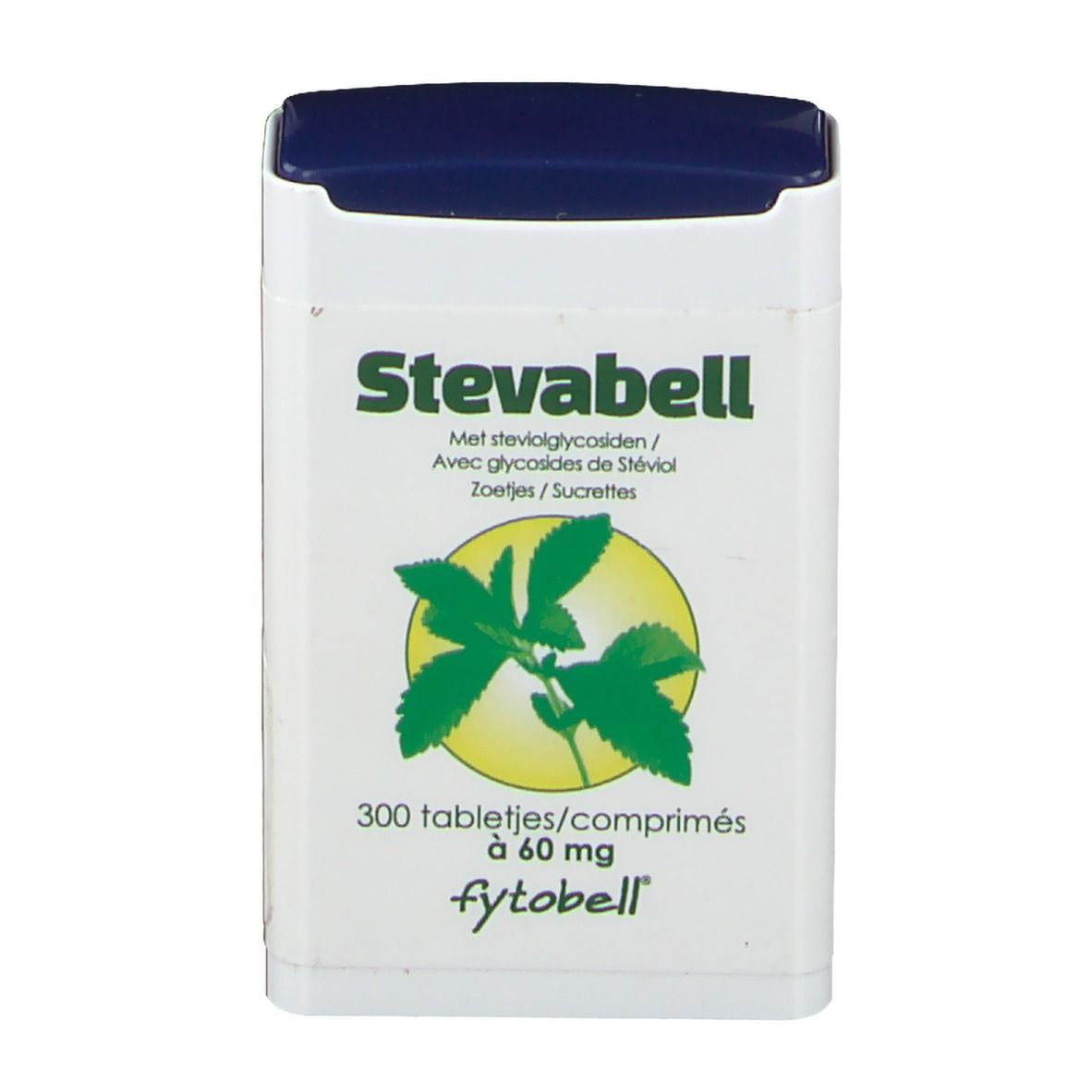 Scatola bianca con coperchio blu. Scritta: Stevabell, 300 compresse da 60 mg, fytobell. Illustrazione di una foglia.