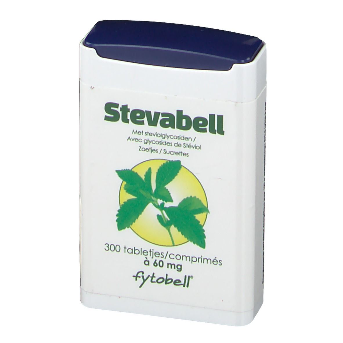 Scatola bianca con coperchio blu. Scritta: Stevabell, 300 compresse da 60 mg, fytobell. Illustrazione di una foglia.
