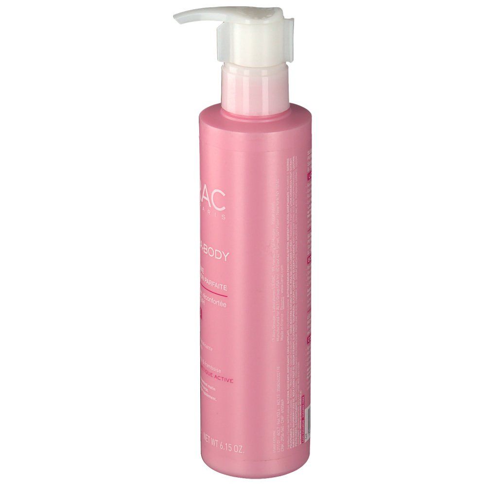Flacone rosa con dosatore bianco. Testo: Lierac, Hydra-Body, Latte idratante. Vista laterale.