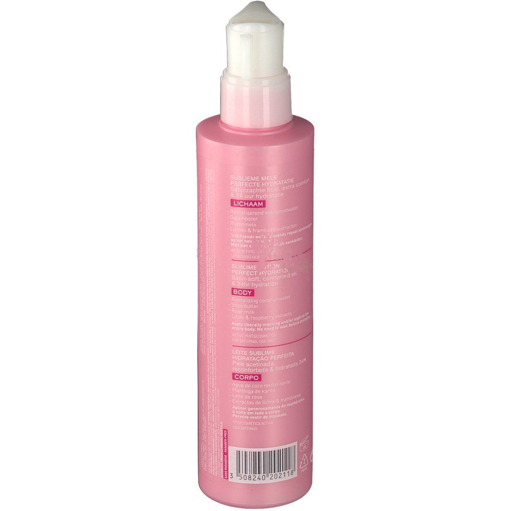 Flacone rosa con dosatore bianco. Testo sul retro. Disposizione verticale.