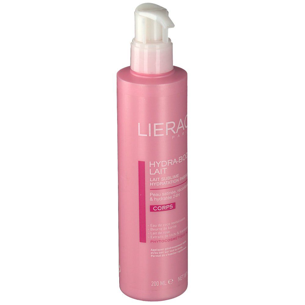 Flacone rosa con dosatore bianco. Testo: Lierac, Hydra-Body, Latte idratante. Vista frontale.