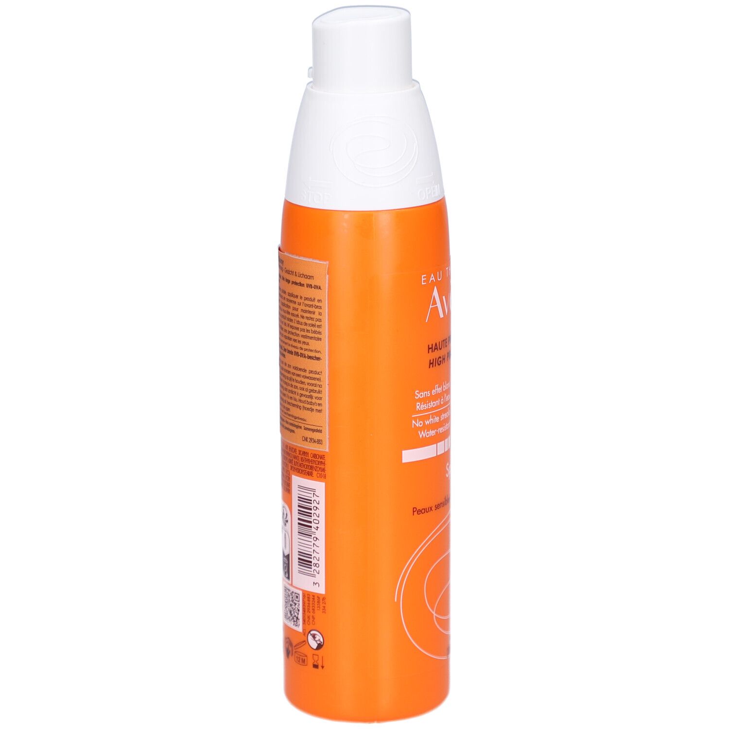Retro del flacone arancione Avène Sonnenspray SPF 30. Informazioni testuali e codice a barre.