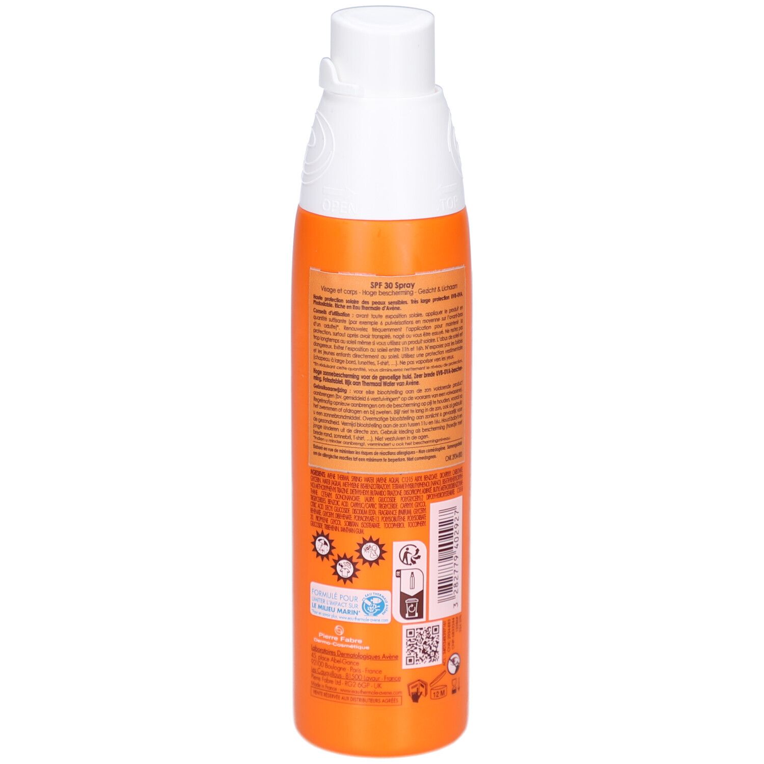 Retro del flacone arancione Avène Sonnenspray SPF 30. Informazioni testuali, loghi e codice a barre.
