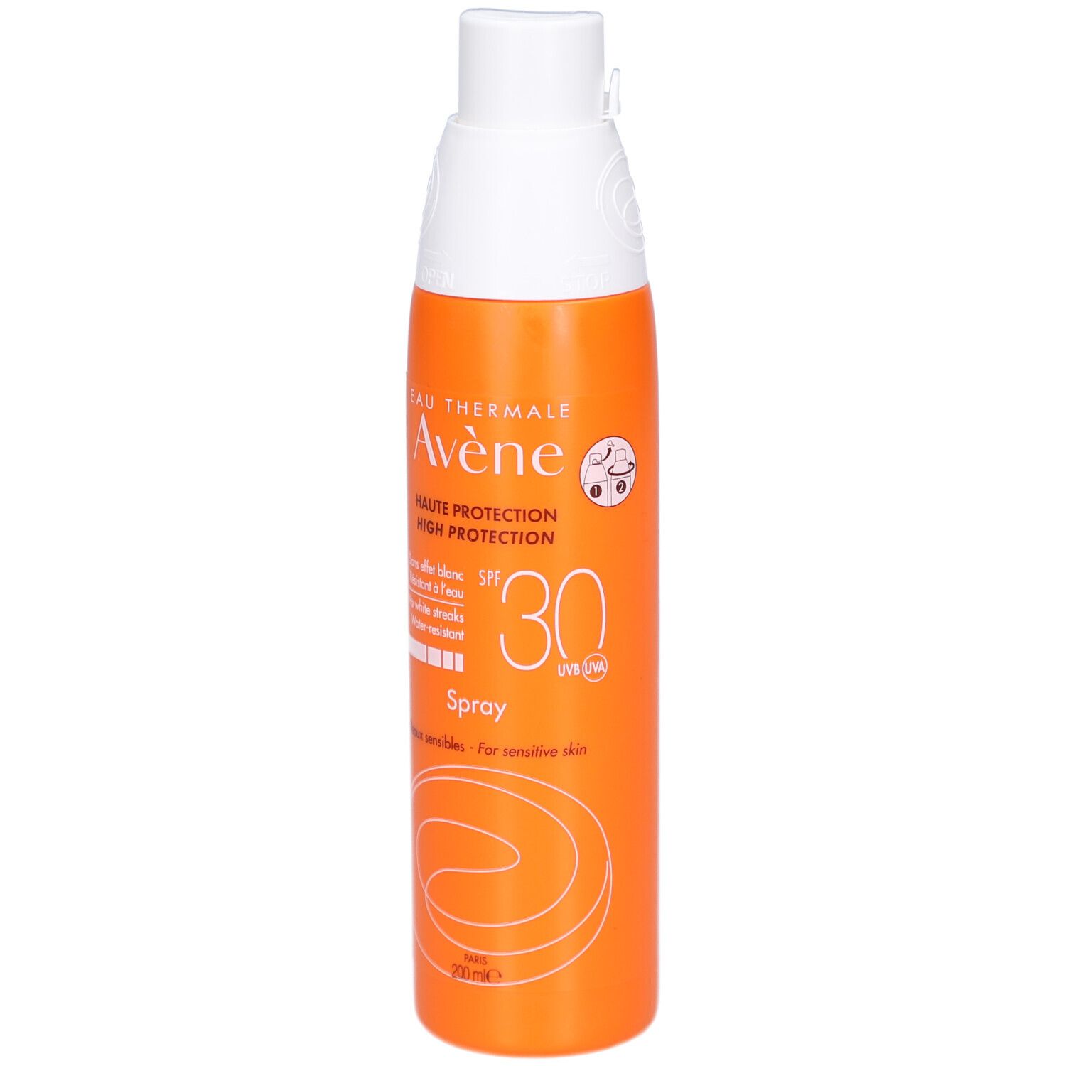 Flacone arancione Avène Sonnenspray SPF 30. Erogatore bianco. Testo: SPF 30, Spray, per pelli sensibili.