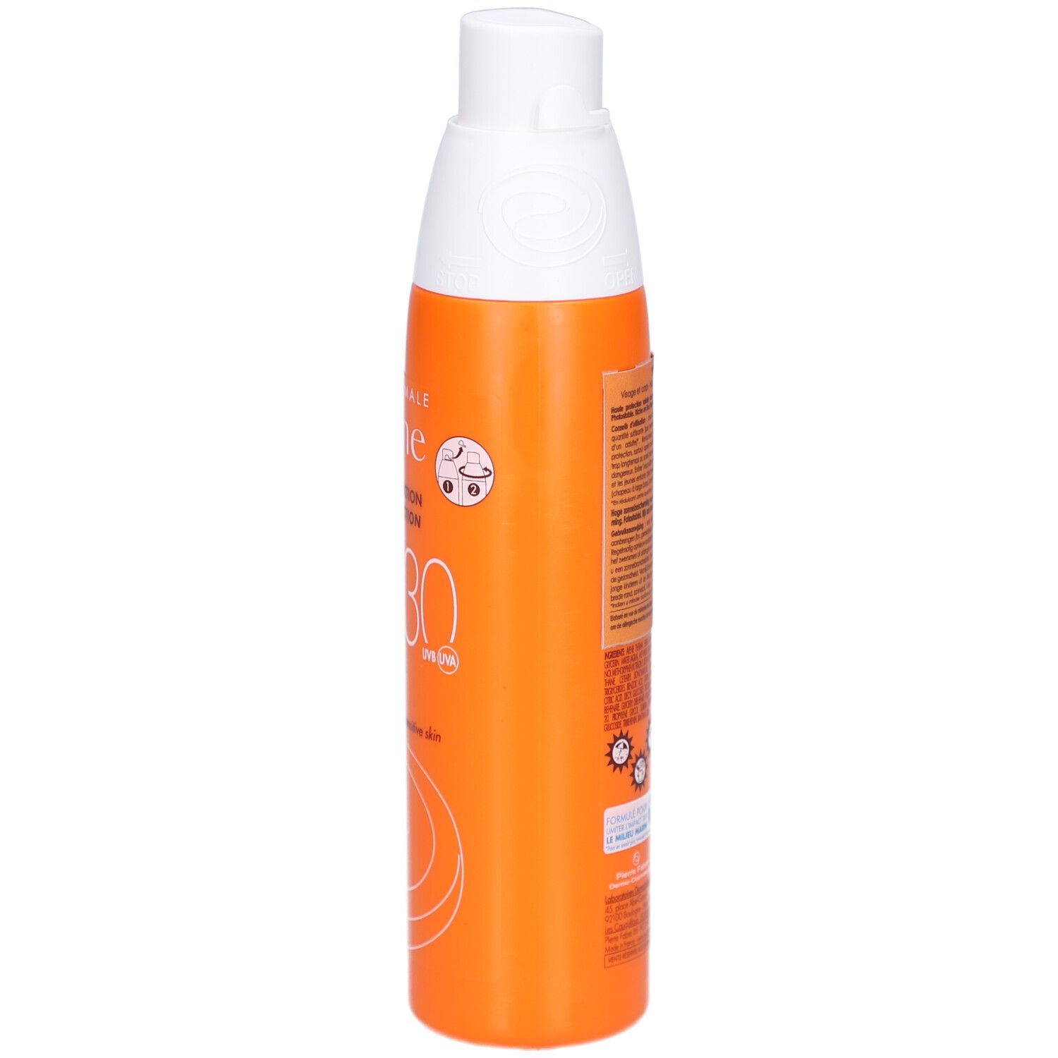 Retro del flacone arancione Avène Sonnenspray SPF 30. Informazioni testuali e loghi.