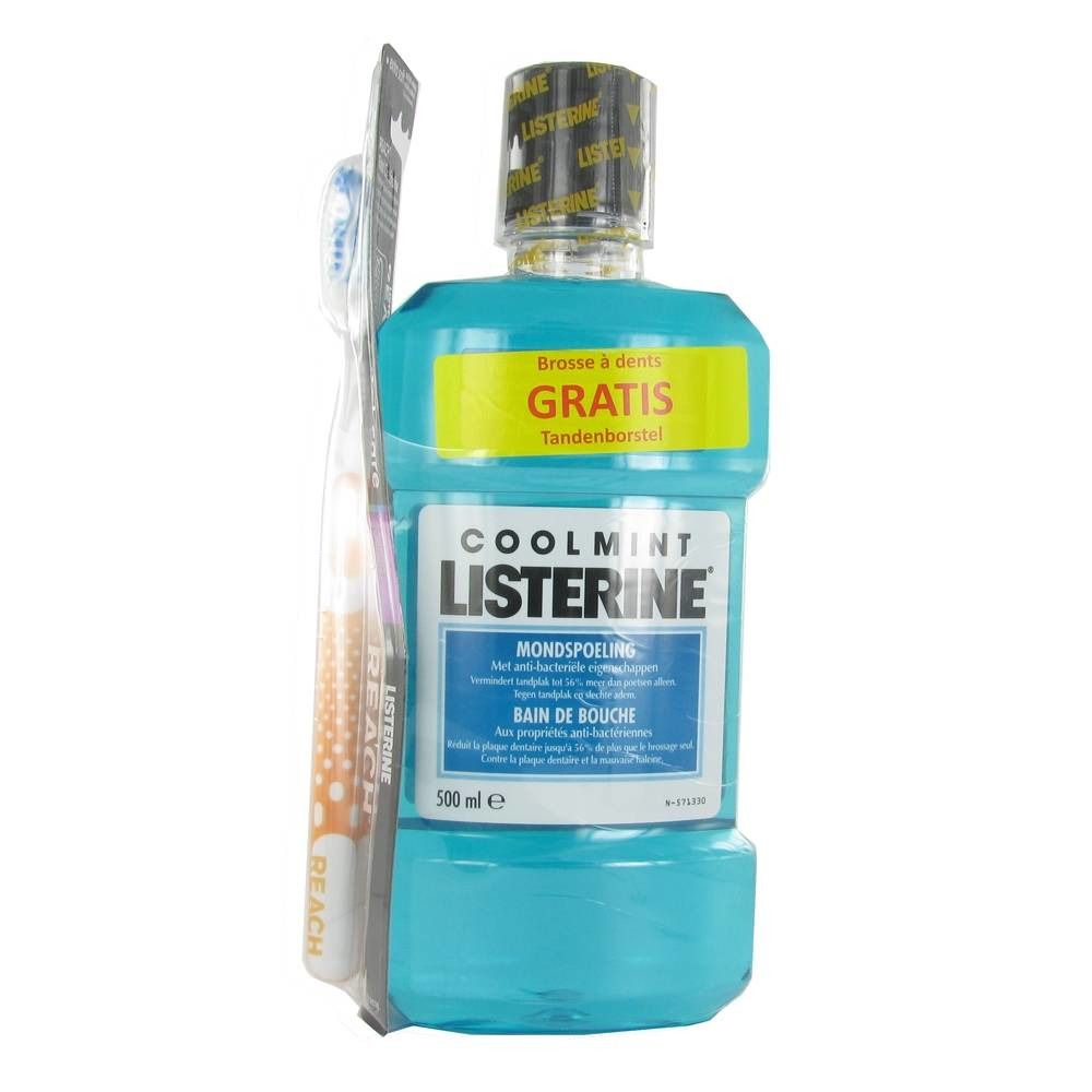 Collutorio Listerine Coolmint blu con spazzolino. Scritta: Spazzolino GRATIS. Flacone da 500 ml.