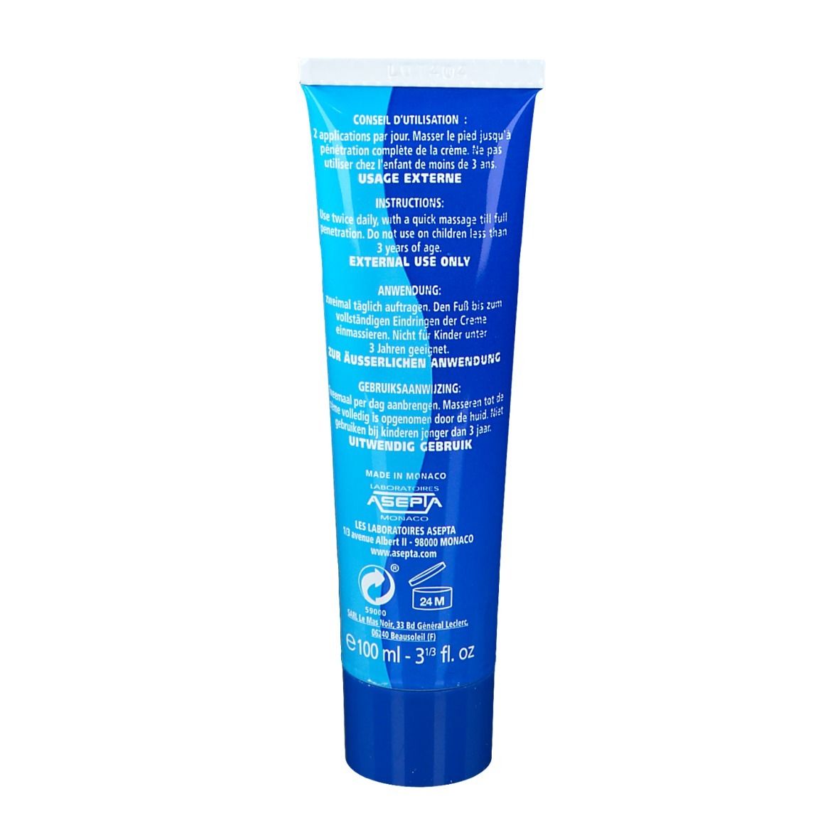 Tubo blu con testo bianco. Istruzioni per l'uso, 100 ml, ASEPTA.