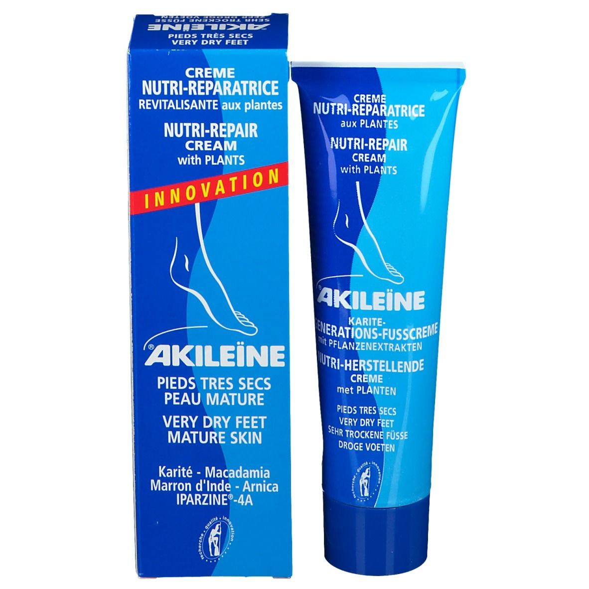 Scatola e tubo blu. Testo: ®Akileïne, Crema Nutri-Riparatrice, piedi secchi, pelle matura.