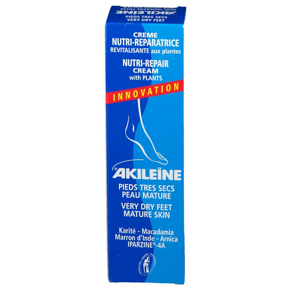 Scatola blu. Testo: ®Akileïne, Crema Nutri-Riparatrice, piedi secchi, pelle matura.