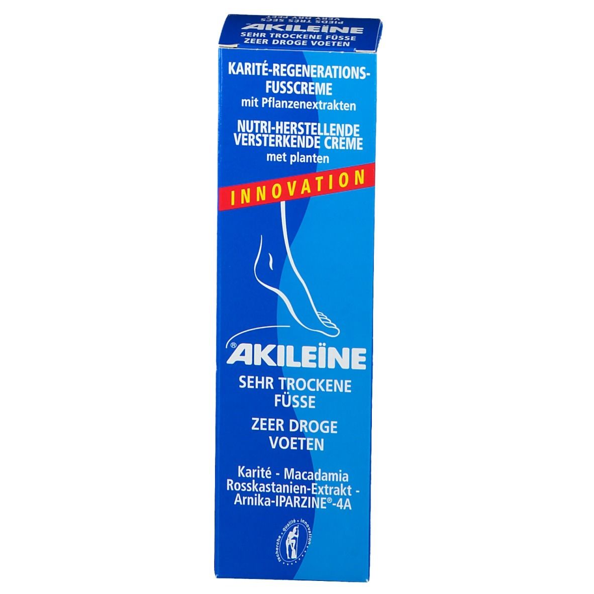 Scatola blu. Testo: ®Akileïne, Crema Karité-Rigenerante, piedi molto secchi.