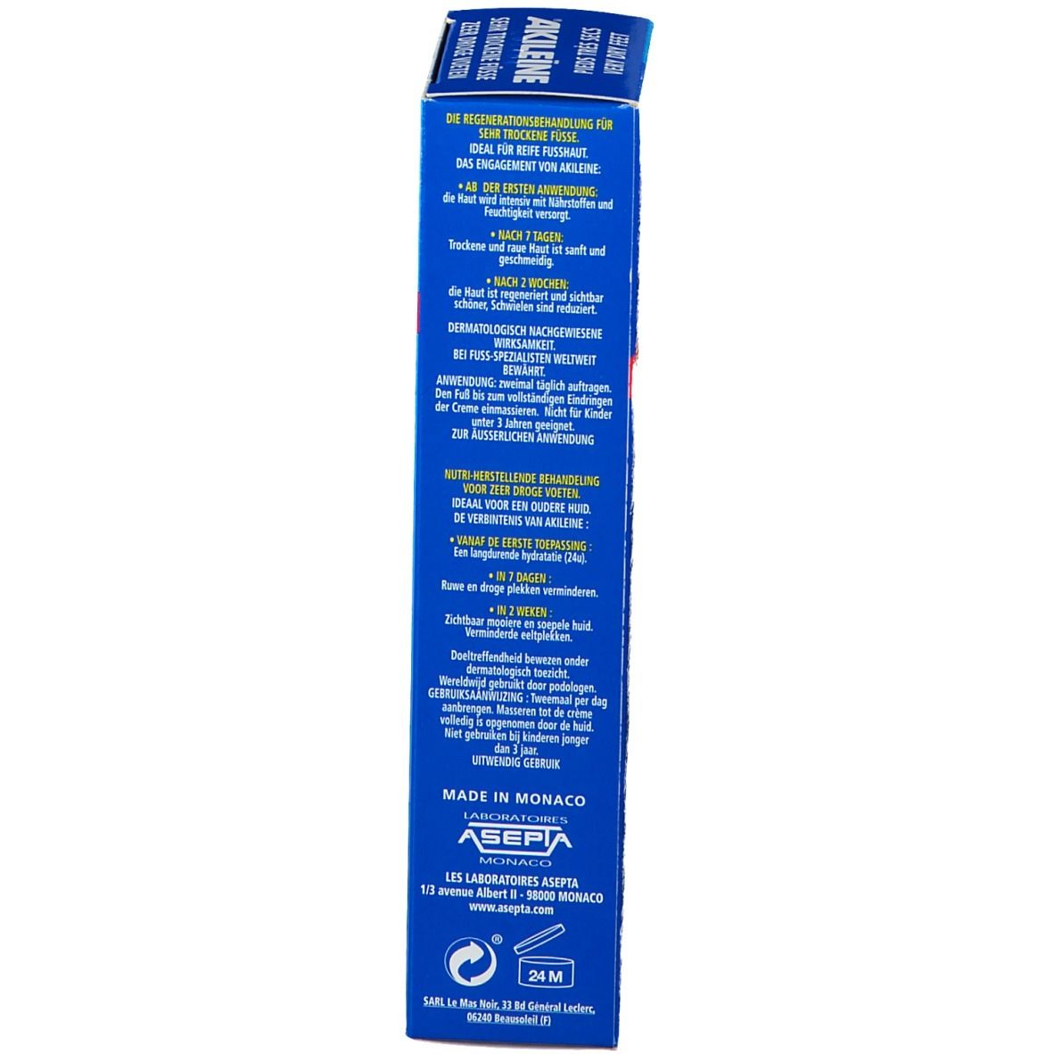 Scatola blu. Testo: ®Akileïne, Rigenerazione per piedi secchi. Fatto a Monaco.