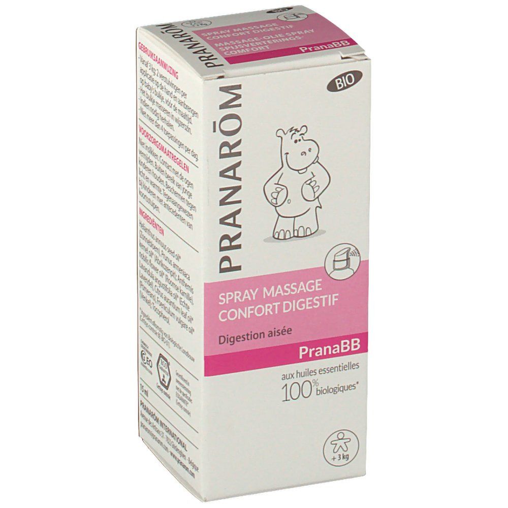 Scatola con informazioni sul prodotto. Confezione rosa e bianca. Contiene il logo PRANAROM e PranaBB.
