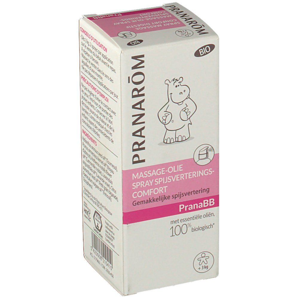 Confezione del prodotto con informazioni. Confezione rosa e bianca. Contiene il logo PRANAROM e PranaBB.