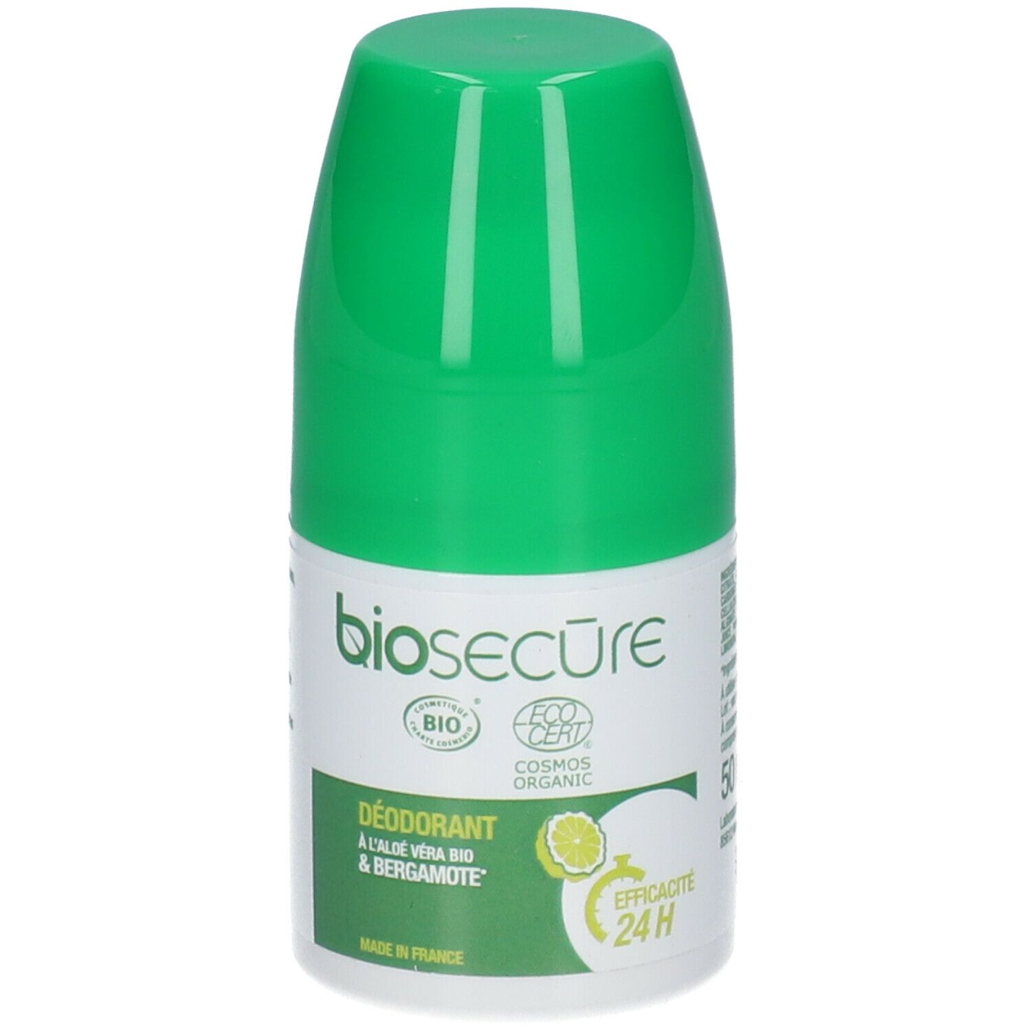 Deodorante roll-on verde e bianco. Scritte: biosecure, BIO, COSMOS ORGANIC, Déodorant, Aloe Vera & Bergamote, Efficacité 24H.