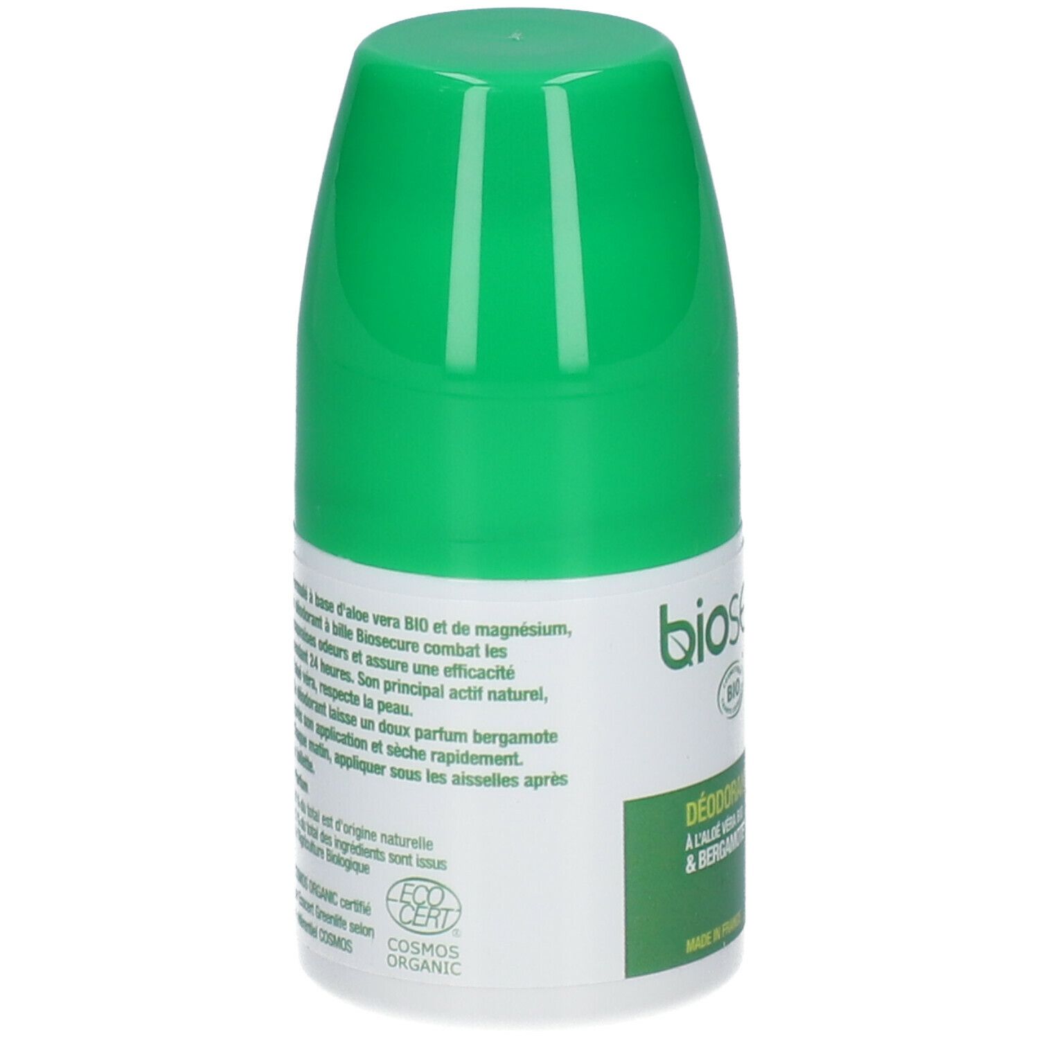Retro del roll-on verde. Testo: ingredienti, descrizione, certificazione COSMOS ORGANIC, ECOCERT.