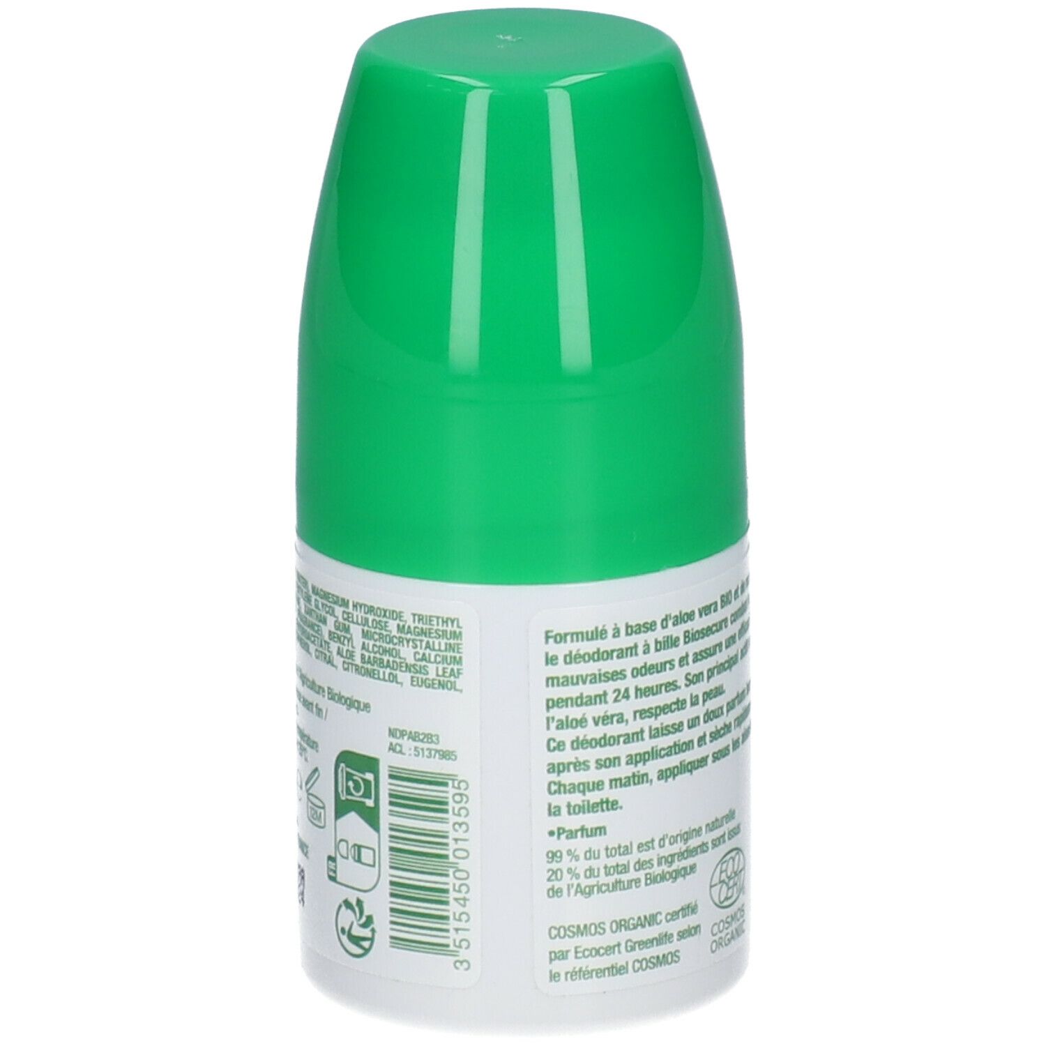 Retro del roll-on verde. Testo: ingredienti, descrizione, certificazione COSMOS ORGANIC, ECOCERT.