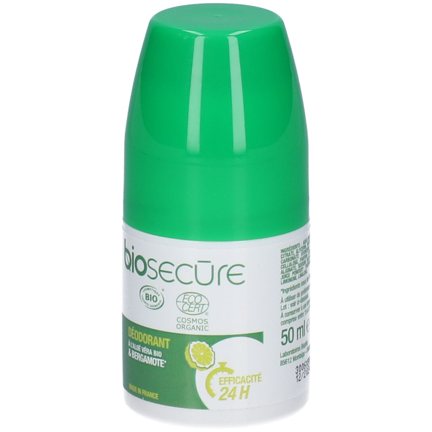 Deodorante roll-on verde e bianco. Scritte: biosecure, BIO, COSMOS ORGANIC, Déodorant, Aloe Vera & Bergamote, Efficacité 24H, 50 ml.