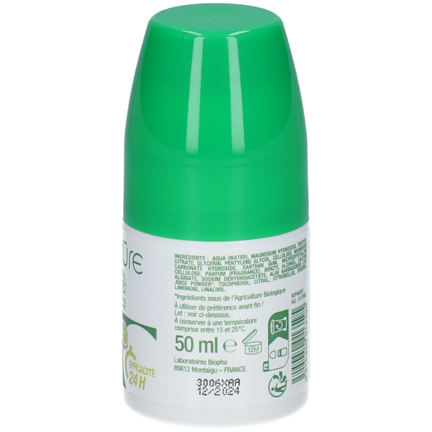 Retro del roll-on verde. Testo: ingredienti, 50 ml, scadenza, informazioni produttore.