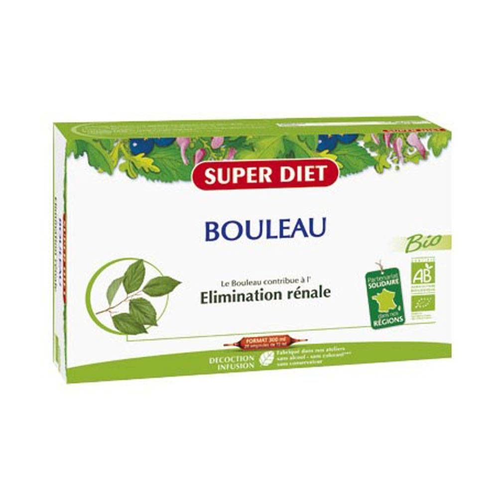Confezione SUPERDIET Bouleau. Scatola verde e bianca con nome del prodotto e logo bio. Testo: Elimination rénale.