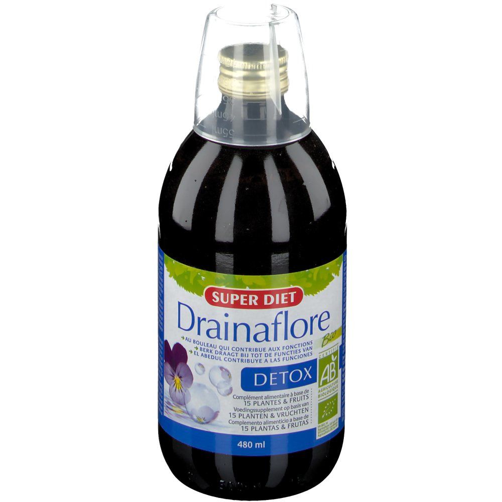 Bottiglia di vetro marrone con tappo ed etichetta. Scritta: SUPER DIET Drainaflore DETOX. Fiore viola e volume 480 ml.