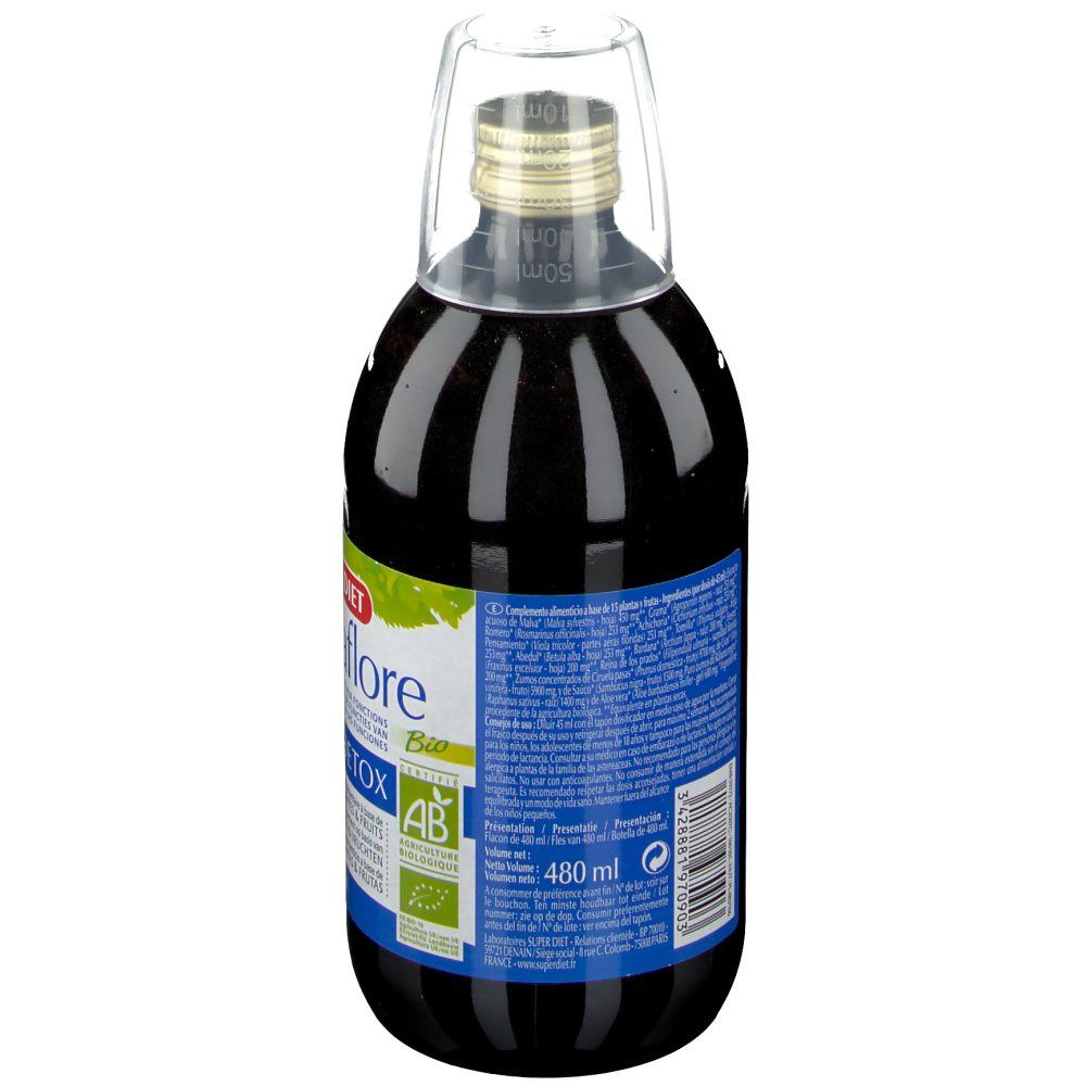 Bottiglia di vetro marrone con tappo. Retro con etichetta blu e testo. Volume 480 ml. Certificazione bio.