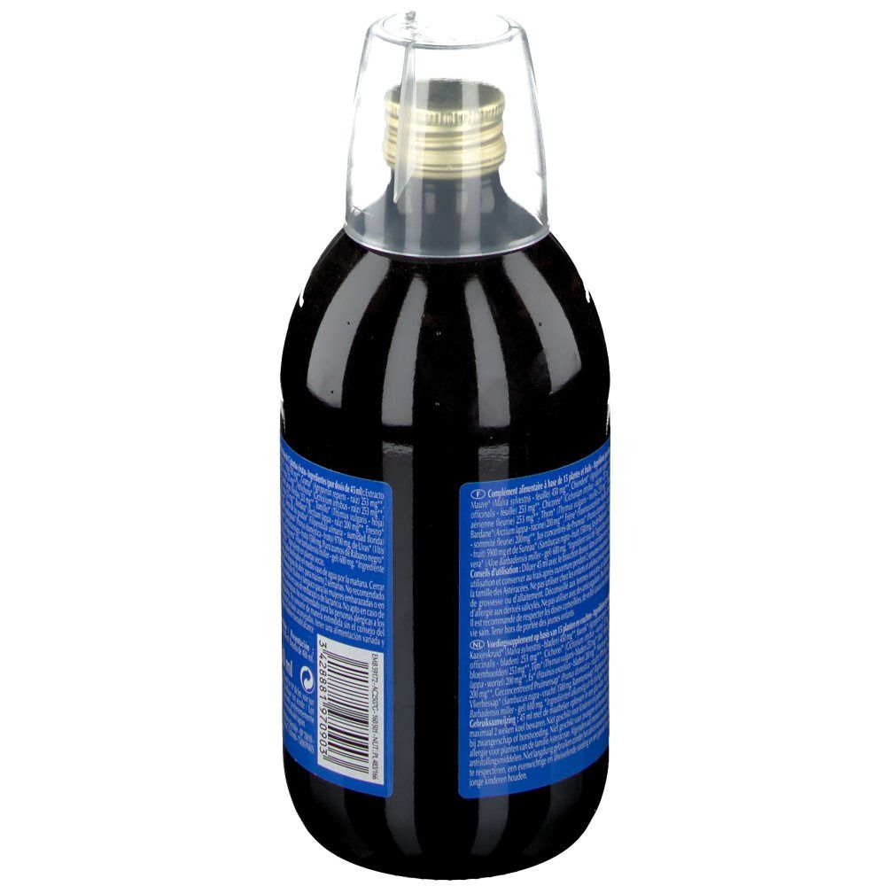 Bottiglia di vetro marrone con tappo. Retro con etichetta blu e testo. Volume 480 ml. Certificazione bio.