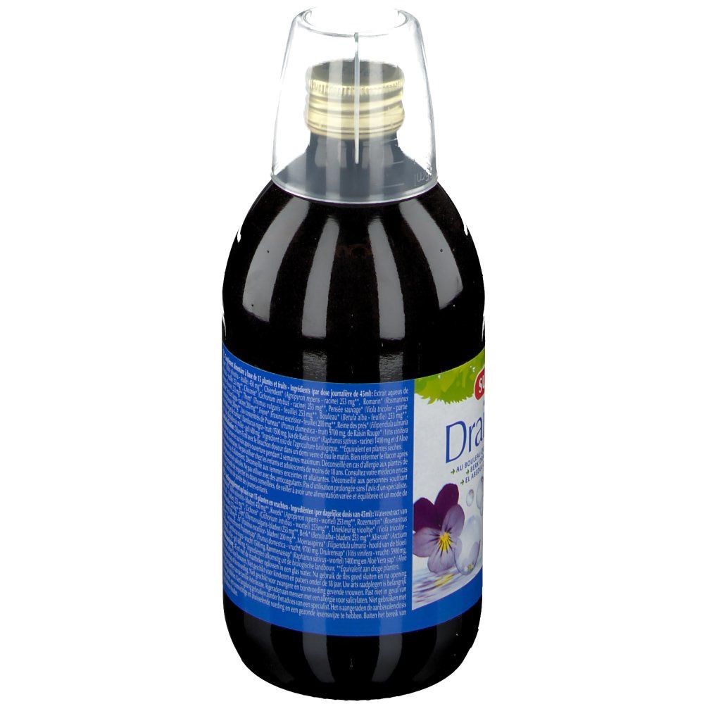 Bottiglia di vetro marrone con tappo. Retro con etichetta blu e testo. Volume 480 ml. Certificazione bio.