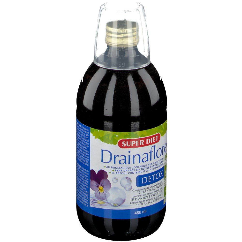 Bottiglia di vetro marrone con tappo ed etichetta. Scritta: SUPER DIET Drainaflore DETOX. Fiore viola e volume 480 ml.