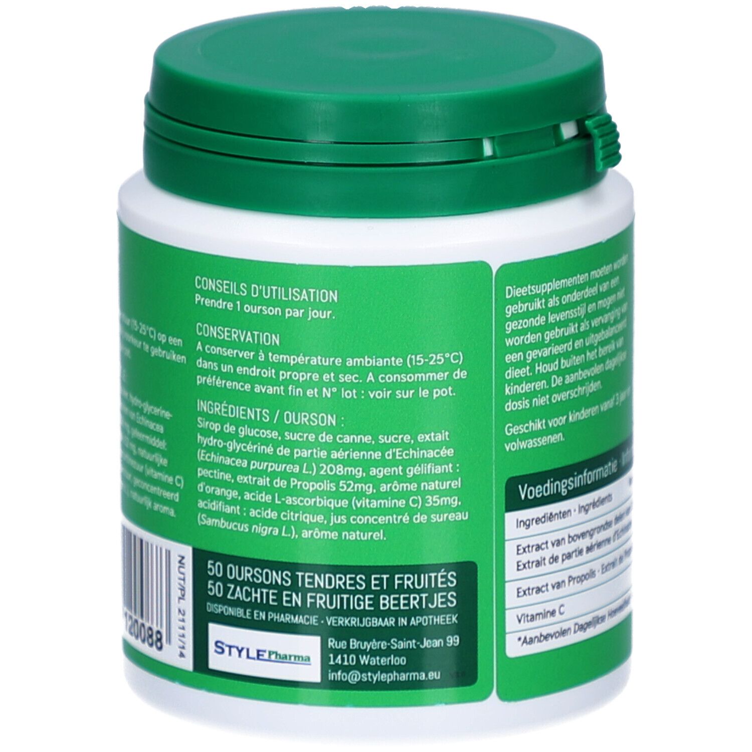 Contenitore bianco con coperchio verde. Scritta: Teddy-Vit, Echinacea + Propolis + Vit C. 130g.