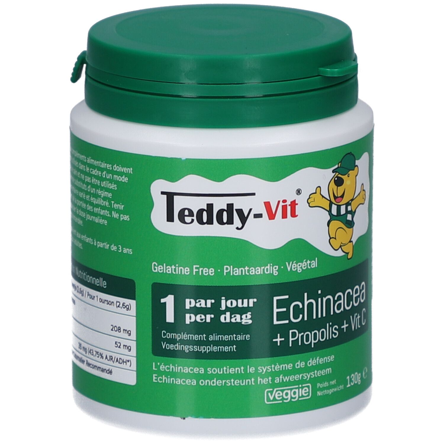Contenitore bianco con coperchio verde. Scritta: Teddy-Vit, Echinacea + Propolis + Vit C. Veggie.