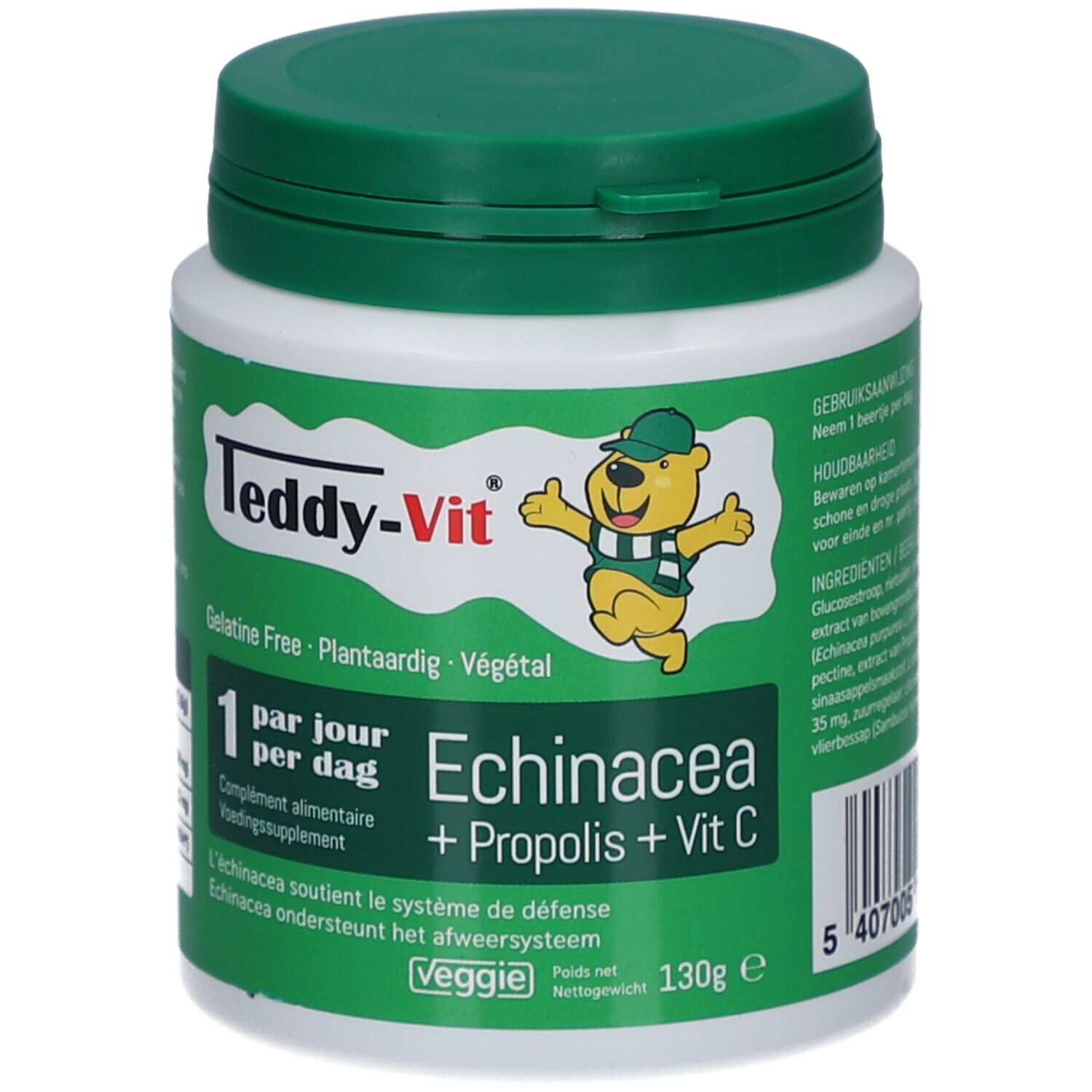 Retro del contenitore. Istruzioni per l'uso, ingredienti, valori nutrizionali. Scritta: Echinacea + Propolis + Vit C.
