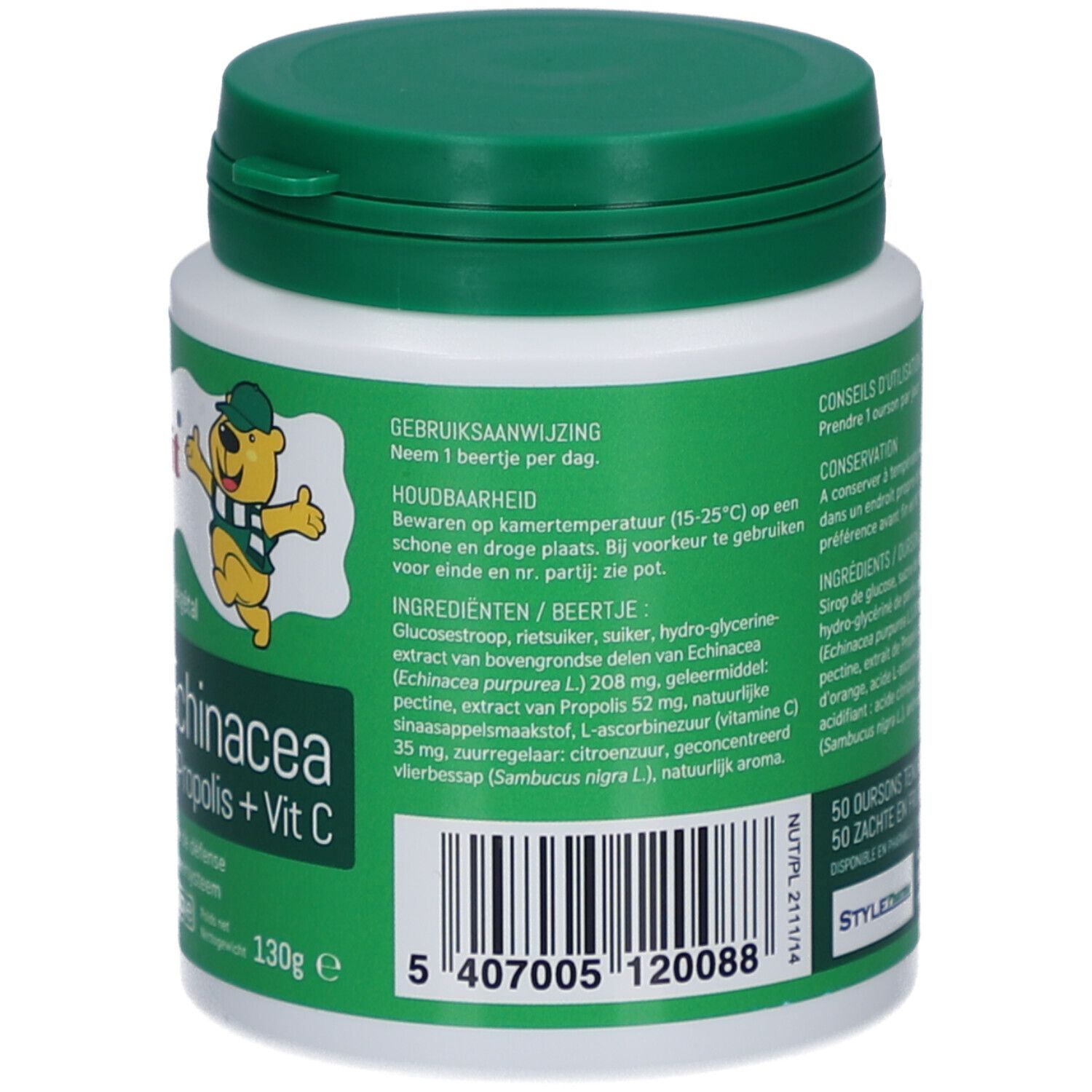 Retro del contenitore. Istruzioni per l'uso, ingredienti, valori nutrizionali. Scritta: Echinacea + Propolis + Vit C. 130g.