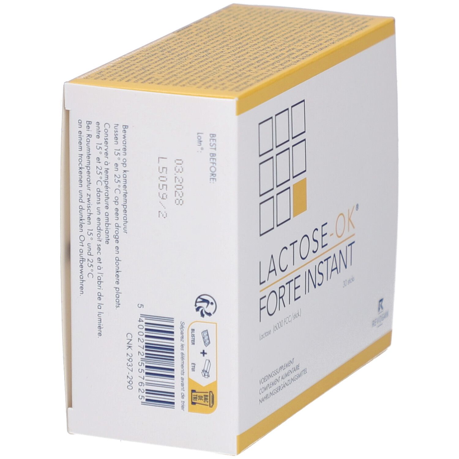 Confezione di Lactose-OK Forte Instant. Retro con testo e codice a barre.