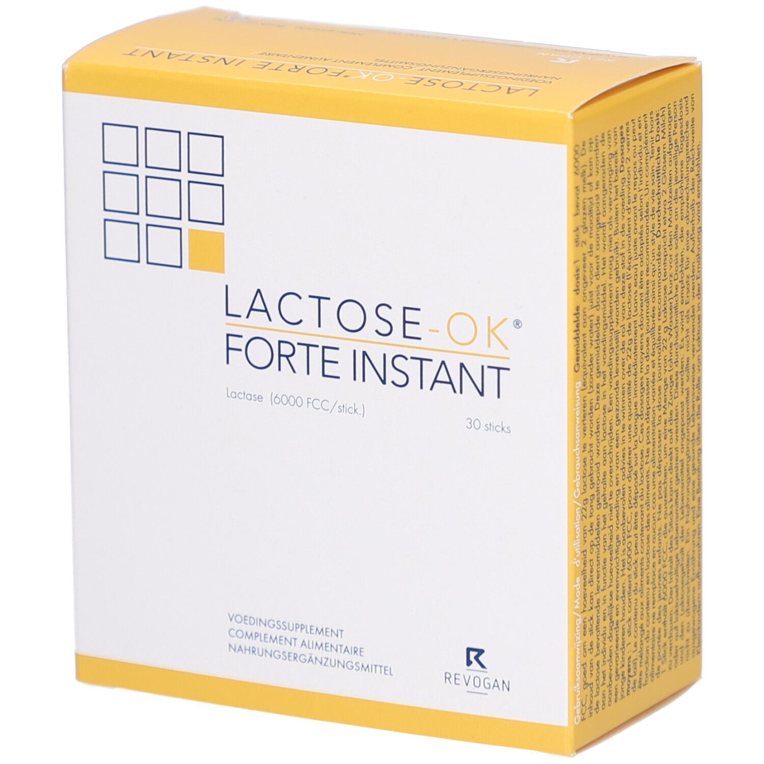 Confezione di Lactose-OK Forte Instant. Contiene 30 stick. Marchio e nome.