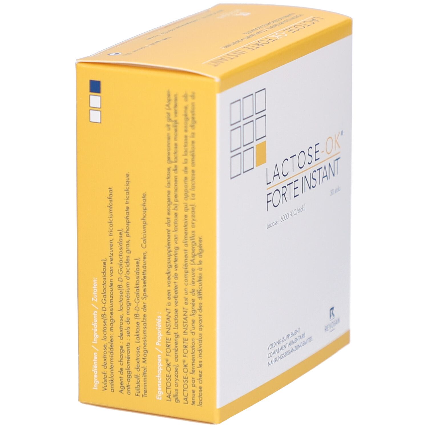 Confezione di Lactose-OK Forte Instant. Marchio e nome. Contiene 30 stick.
