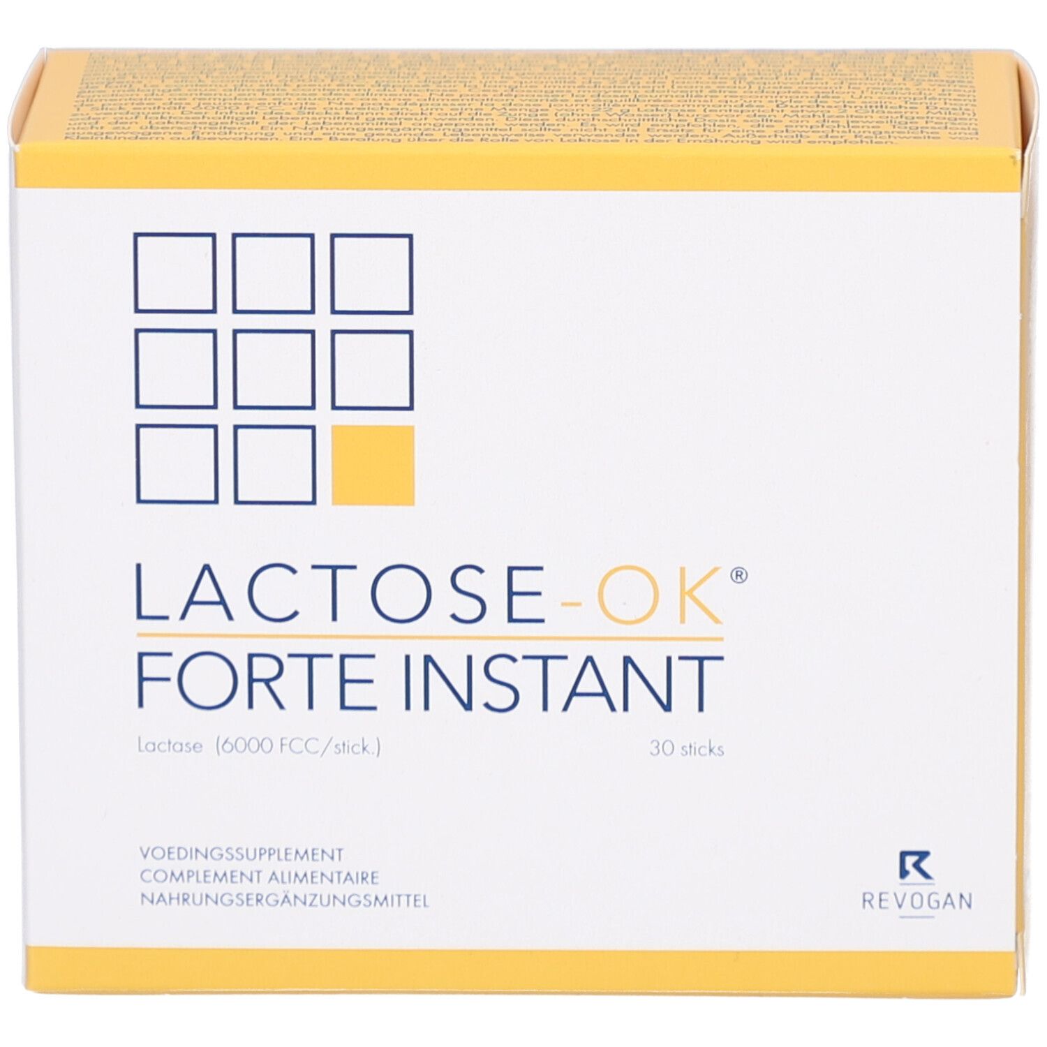 Confezione di Lactose-OK Forte Instant. Marchio e nome. Contiene 30 stick.