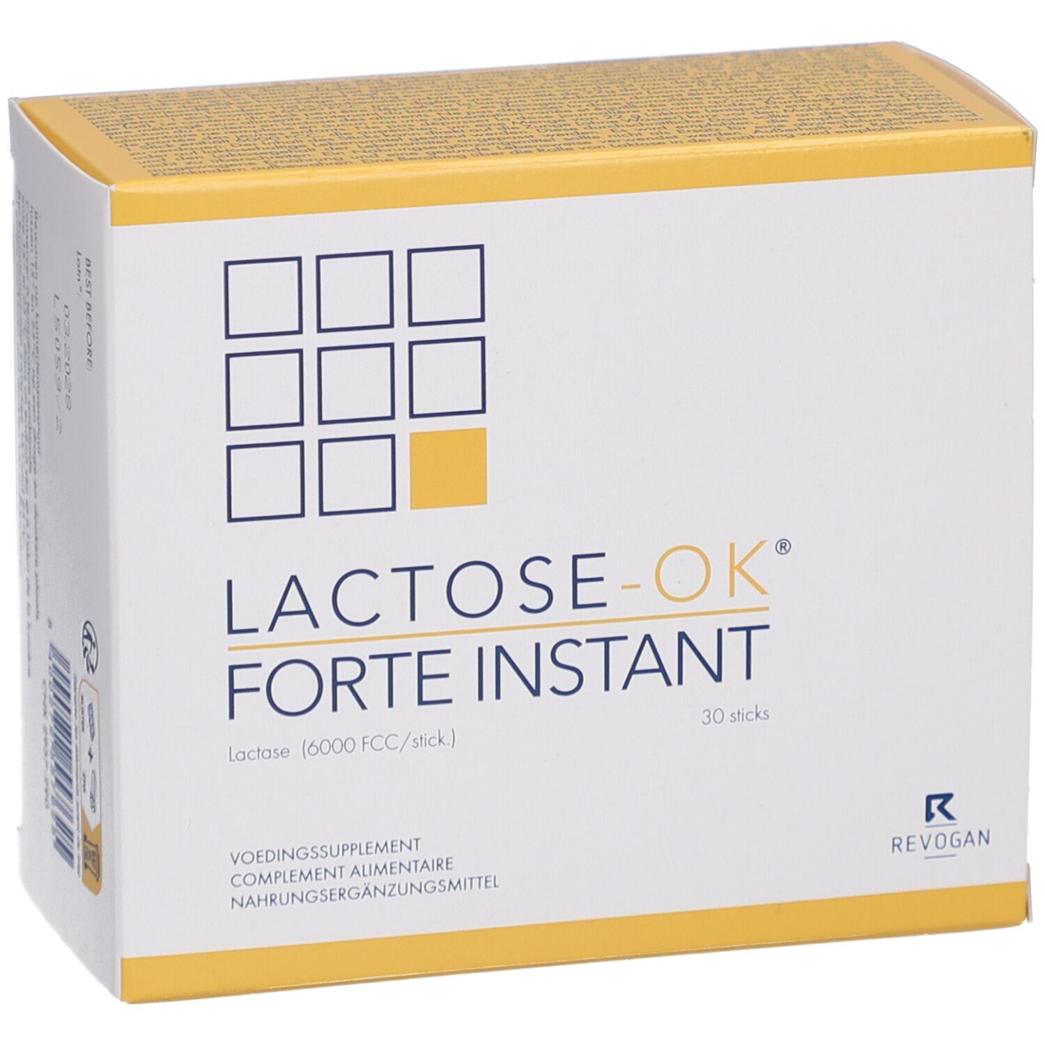 Confezione di Lactose-OK Forte Instant. Marchio e nome. Contiene 30 stick.