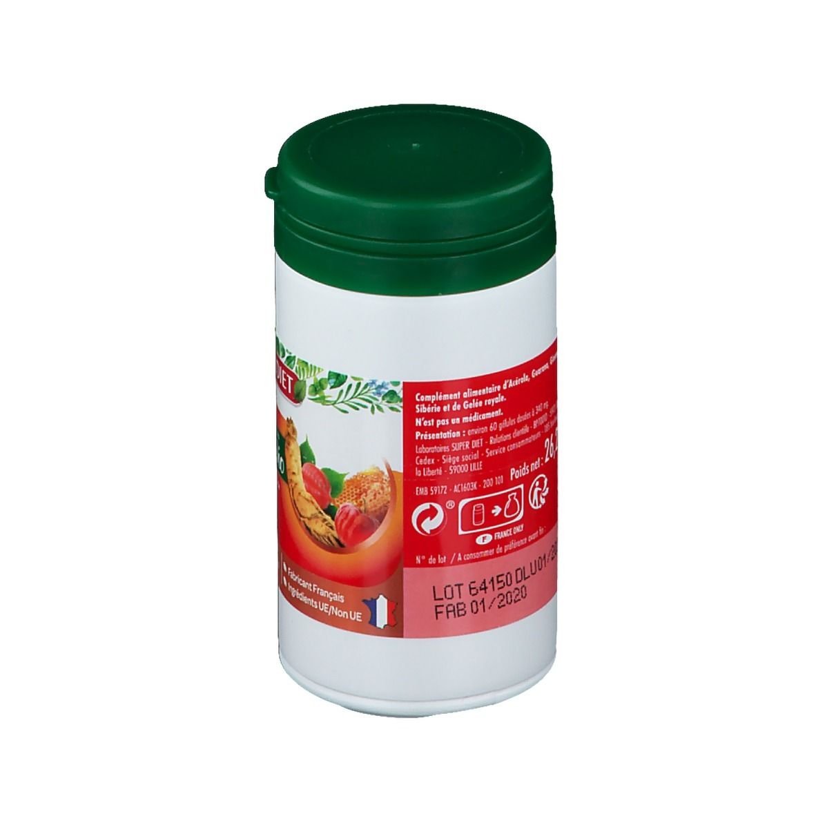 Flacone bianco-verde con tappo verde. Scritta SUPERDIET. Informazioni sugli ingredienti e numero di lotto. Scadenza 01/2020.