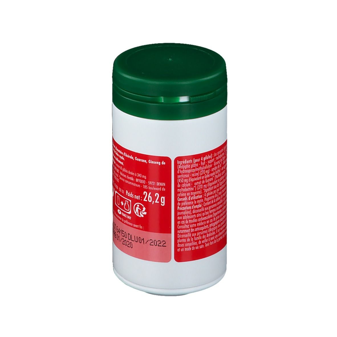 Flacone bianco-verde con tappo verde. Retro con informazioni sugli ingredienti e valori nutrizionali. Peso netto 26,2 g. Numero di lotto e scadenza.