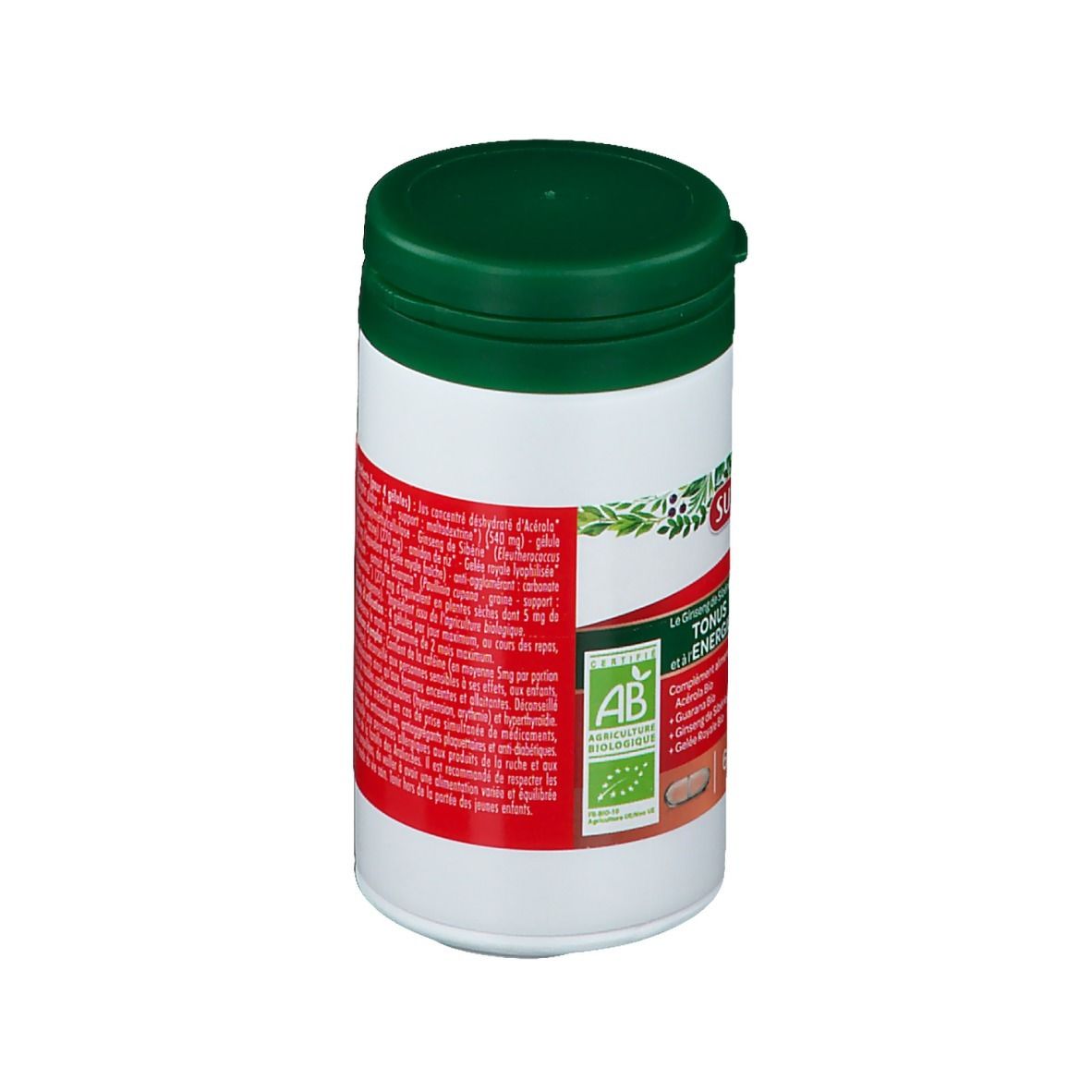 Flacone bianco-verde con tappo verde. Retro con informazioni sugli ingredienti e certificazione AB. Informazioni testuali.