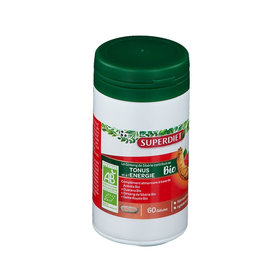 Flacone bianco-verde con tappo verde. Scritta SUPERDIET, TONUS & ENERGIE BIO. Certificazione AB. 60 capsule.