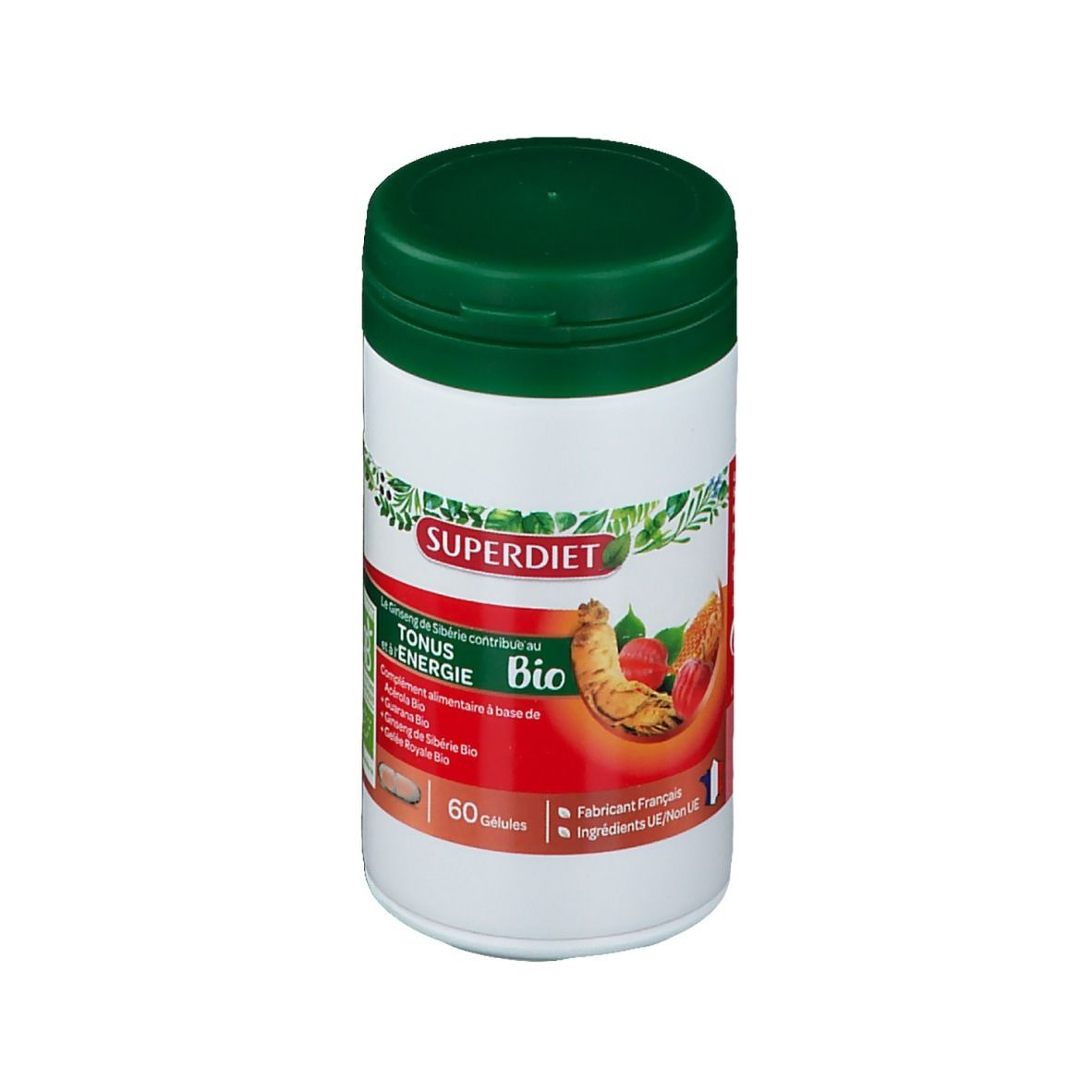 Flacone bianco-verde con tappo verde. Scritta SUPERDIET, TONUS & ENERGIE BIO. 60 capsule. Bandiera francese.